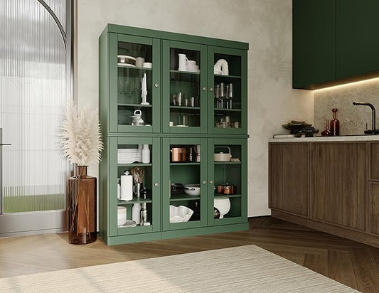 Palace Imports 100% Solid Wood 48.5" Pantry China Cabinet with Clear Glass Doors and Adjustable Shelves (Green)