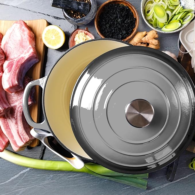 6 Quart Dutch Oven Enameled Cast Iron with Lid - Big Dual Handles - Oven Safe up to 500째F - Classic Round Pot for Versatile Cooking (Light Gray, 6 QT)