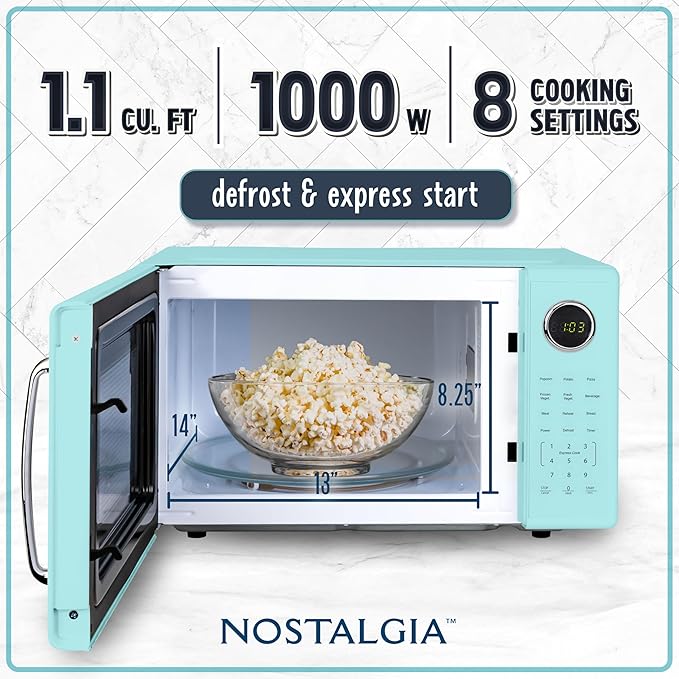 Nostalgia Retro 1000W Microwave Oven 1.1 Cu Ft Capacity ??Child Safety Lock, 8 Auto-Cook Settings ??Countertop Kitchen Appliance ??Aqua