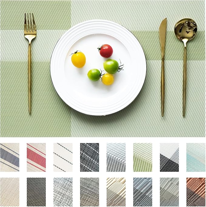 SUMYMERY Placemats Set of 6 Vinyl/Plastic Woven Place Mats for Kitchen Table Indoor/Outdoor Washable Placemat Wipeable Dining Table Mats (Green Cube,6)