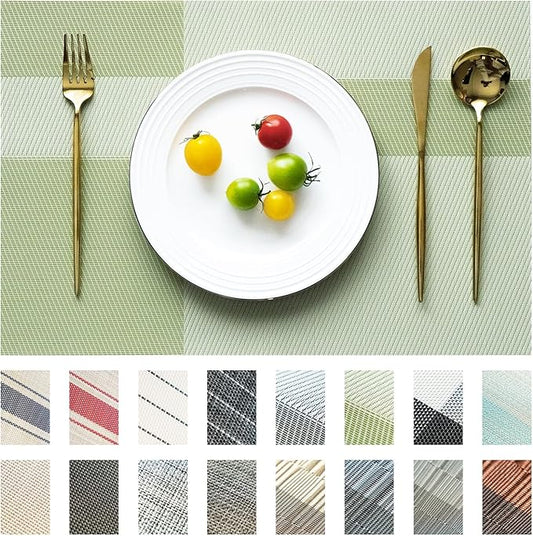 SUMYMERY Placemats Set of 12 Vinyl/Plastic Woven Place Mats for Kitchen Table Indoor/Outdoor Washable Placemat Wipeable Dining Table Mats (Green Cube,12)