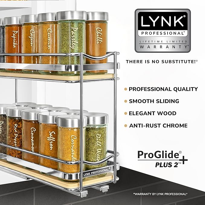 LYNK PROFESSIONAL짰 횋lite??Pull Out Spice Rack Organizer for Inside Kitchen Cabinets - 4-3/8 inch Wide - Slide Out Drawer ??Wood/Chrome Sliding Spice Cabinet Organization Shelf Racks - 2 Tier