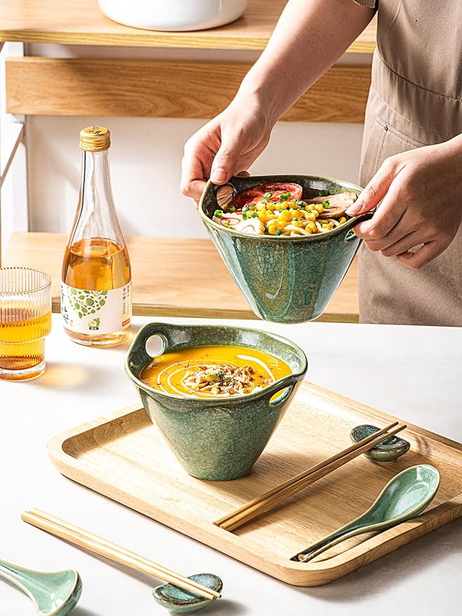 HENXFEN LEAD Japanese Ramen Bowls Set of 2 - Deep Ceramic Noodle Bowls with Spoons, Chopsticks and Holder, 20 Oz Serving Bowls for Pho, Udon, Soup - Reactive Green
