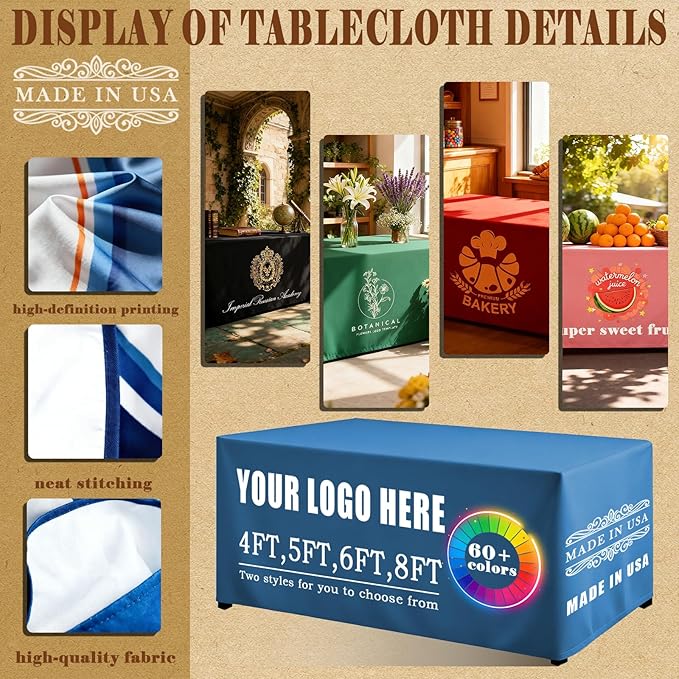 YOUYINYOU Shipping Next Day Custom Table Cloth with Logo Image Text 4/5/6/8/10FT for Business Tradeshow Events Company School Shop Other Important Events (8FT Closed Back)