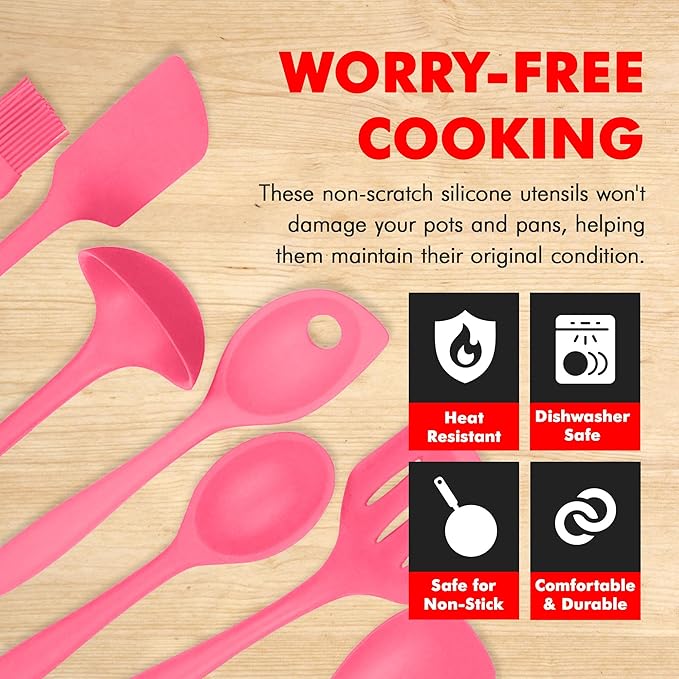 Chef Craft - Premium Silicone Kitchen Tools and Utensils Set, Non-Scratch, Withstands Temperatures up to 450째F, BPA-Free, 7 Piece Cooking Utensils Set, Pink
