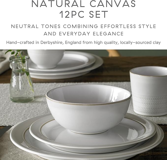 Denby Natural Canvas Dinner Set For 4-12 Piece Dinnerware Set, One size, White Neutral - Dishwasher Microwave Oven Safe - Scratch Chip Resistant