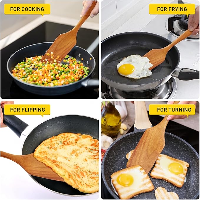 Best Non Toxic Wooden Spatula for Cooking Utensils Teak Wood Wok Spatulas for Kitchen Spoon Pancake Turner Scraper Spurtle Bamboo Kitchen Utensil Flat Egg Flipper Spatula Long Fish Cooking Spatulas