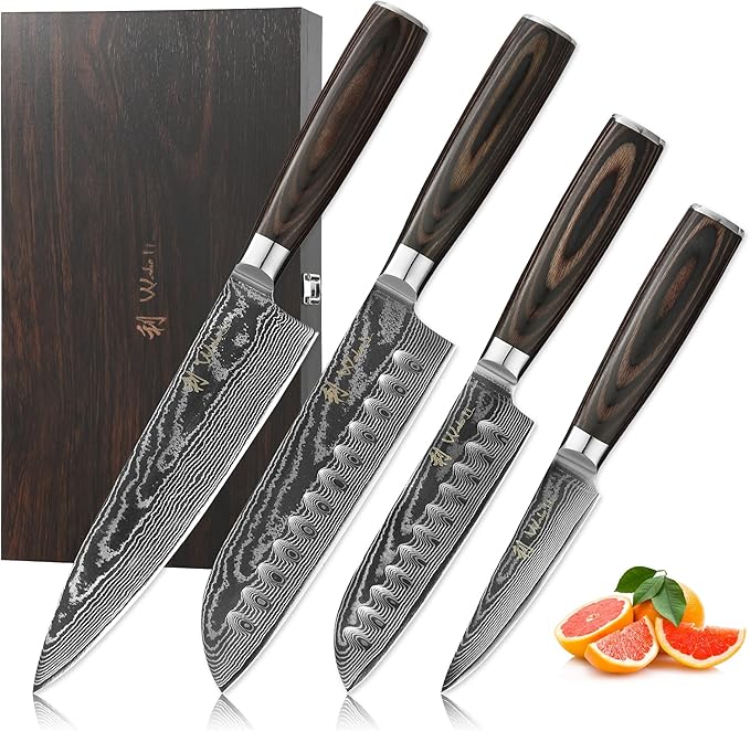 Wakoli EDIB Essentials 4-Piece Damascus Knife Set ??Professional Kitchen Knives with VG10 Core, 67-Layer Damascus Steel Blades ??Santoku, Chef, Small Santoku & Paring Knife with Pakkawood Handles
