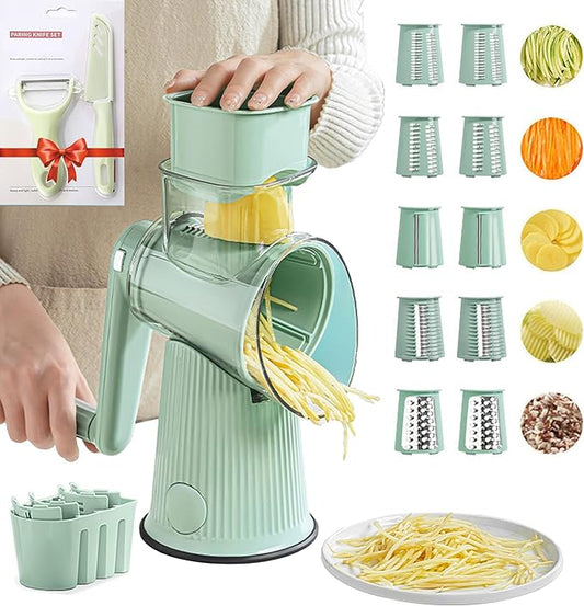 BSFRNF 5 In 1 Rotary Cheese Grater Vegetable Slicer for Kitchen, Carrot Shredder Tool-Food Shredders with 5 Sets Interchangeable Blades And Strong Suction Base (Green)