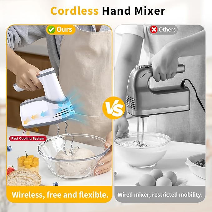 Cordless Hand Mixer, 12-Speed Rechargeable Electric Handheld Mixer with 6 x 304 Stainless Steel Attachments (2 Whisks, 2 Beaters, 2 Dough Hooks) & Storage Case, for Baking, Eggs, Cakes (White)
