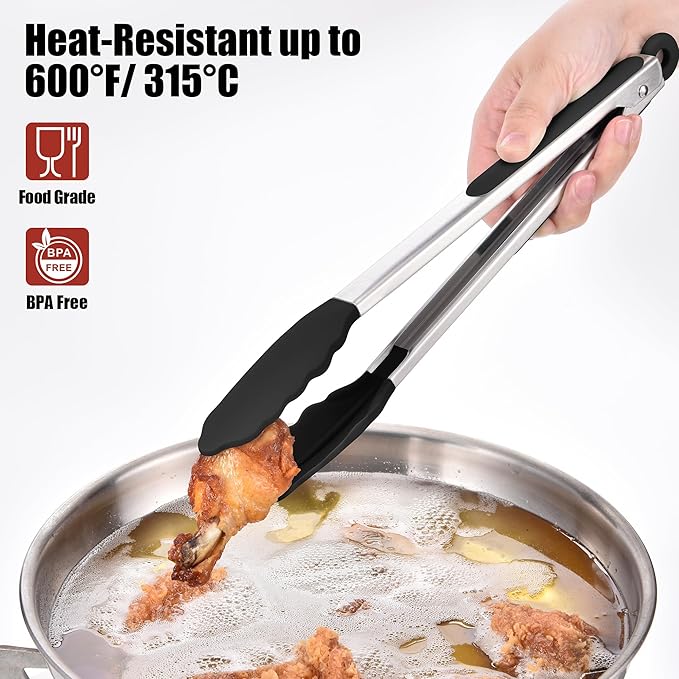 Doosu Kitchen Tongs for Cooking - 600째F Heat Resistant Food Tong Set with Non-Scratch Silicone Tips, Heavy Duty Stainless Steel Locking Tong for BBQ, Grilling Steak, Serving Salad (7+9+12in, Black)