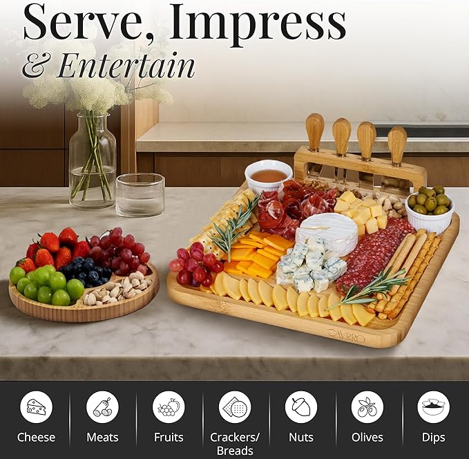 Charcuterie Board Set ??Bamboo Cheese Platter with Knives, Bowls & Round Tray ??Eco-Friendly Gift for Housewarming, Weddings & Parties ??Wood Serving Board for Entertaining