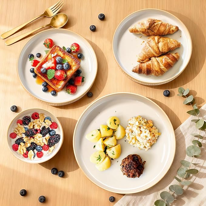 Ceramic Dinnerware Sets for 4, 12 Pcs Ribbed Reactive Glaze Plates and Bowls Sets, Chip Scratch Resistant, Microwave Dishwasher Safe Dish Set, Christmas Housewarming Gifts, Cappuccino White