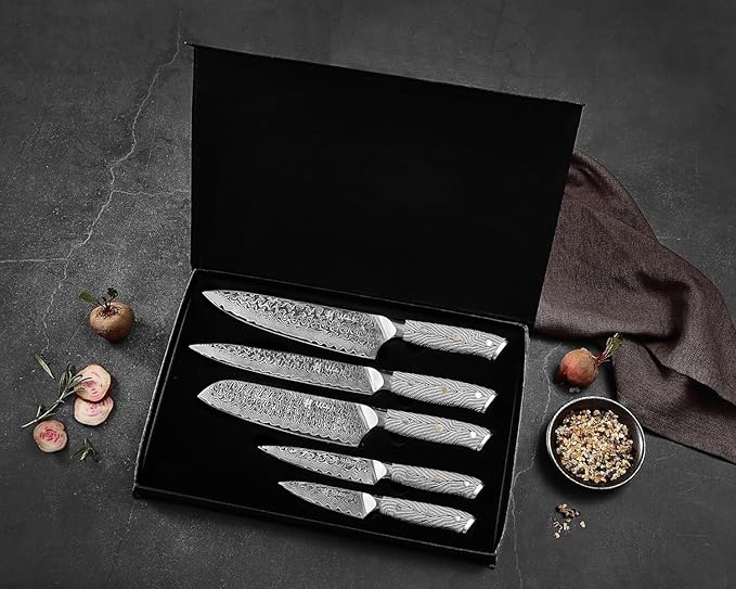 Wakoli Noir Blanc Damascus Knife Block Set ??5-Piece Professional Chef Knife Collection with Magnetic Block ??Kitchen Knives made of 67-Layer Damascus Steel Blades & Ergonomic G10 Handles in Gift Box