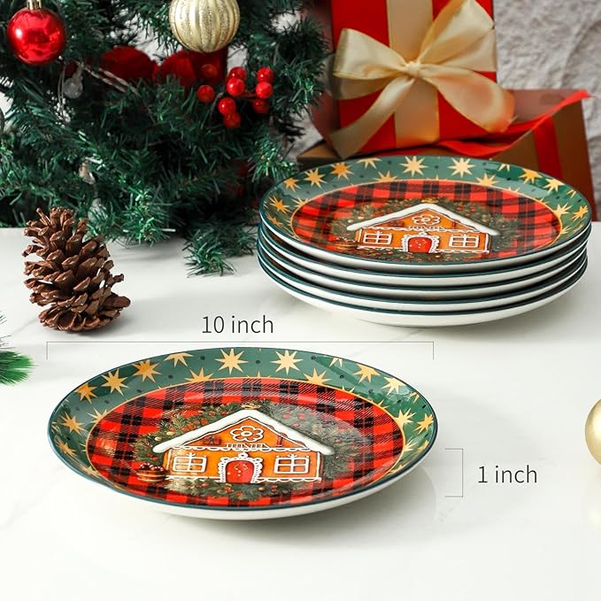 Ceramic Dinner Plates Set of 6,Stoneware 10 Inch,Microwave,Dishwasher and Oven Safe,Porcelain Dessert Plates for Pasta,Salad and Steak,Dishes Set for Kitchen,Scratch Resistant,Christmas