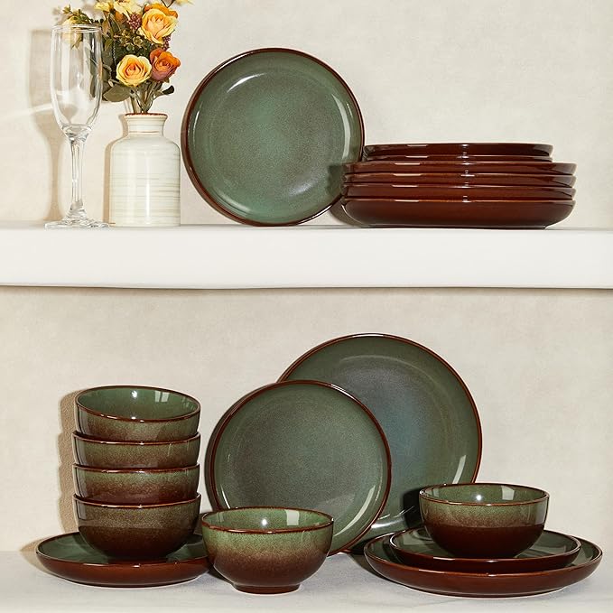 Dinnerware Sets Service for 12, Brown Green