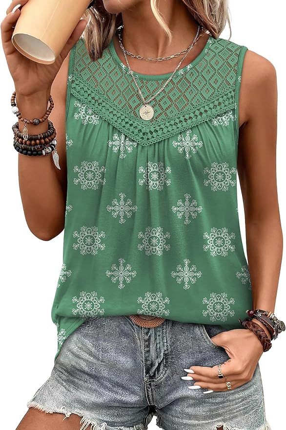 XIEERDUO Womens Tank Tops Sleeveless Lace Crochet Boho Tops Loose Fit Pleated Tunics Crewneck Summer Vacation Outfits Flowy
