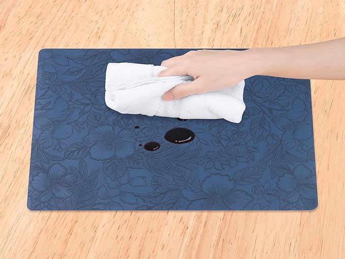 DRMHM Set of 6 Faux Leather Flower Placemats for Kitchen Dining Table Decor, Washable Table Placemats Wipeable Table Mat 18 * 12in Dark Blue