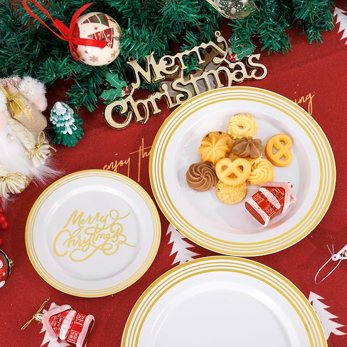 EI 60pcs Beige Disposable Plastic Dinner Plates with Gold Edge.Gold "Marry Christmas" Disposable Plate Heavy Industry Are Very Suitable for Christmas,New Year Parties,Family Dinners and Hotel Events.