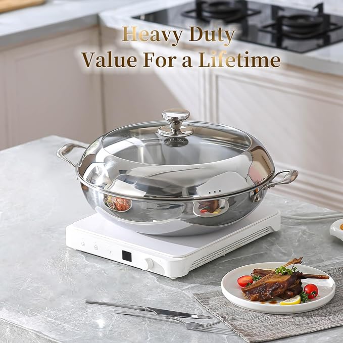 DELARLO Tri-Ply Stainless Steel Wok Pan with Lid 14inch, Healthy Non-Toxic Flat Bottom Induction Wok, Stir Fry Pan for Glass Top Stove Up to 600℉