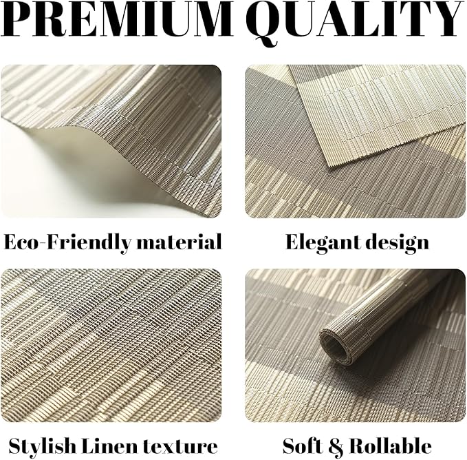 SUMYMERY Placemats Set of 12 Vinyl/Plastic Woven Place Mats for Kitchen Table Indoor/Outdoor Washable Placemat Wipeable Dining Table Mats (Ombre Glod,12)