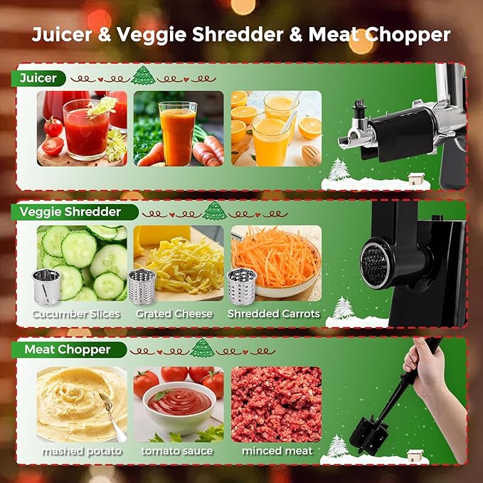 Electric Meat Grinder, Cheese Grater 3000W Multifunctional Meat Grinder with Juicer, Vegetable Cutter Veggie Slicer, Shredder, Meat Chopper, Sausage Stuffer, Kubbe Kit, Home Use