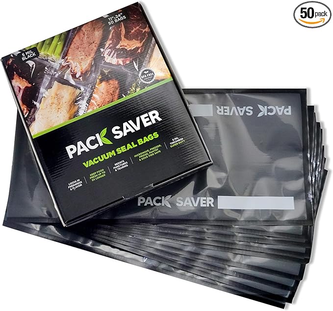 Vacuum Sealer Bags 50 Pack - 11"x24" Heavy Duty Pre-Cut Food Storage Bags for Food Saver, Meal Prep, Sous Vide - Commercial Grade BPA Free (Clear & Black)