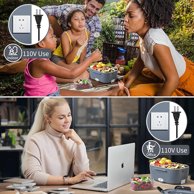 Vingud Electric Lunch Box for Adults, Heated Lunch Box Food Warmer, 80W 1.5L Portable Heating Lunchbox for Men/Work/Car/Truck, 12V 24V 110V Lonchera El챕ctrica Port찼til Christmas White Elephant Gifts