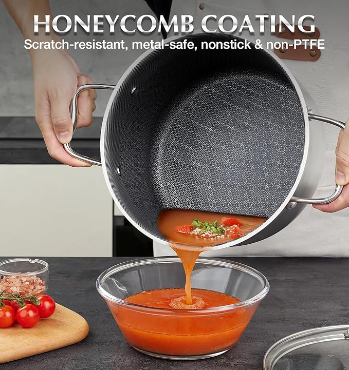 KOCH SYSTEME CS Triply Stainless Steel Pot 6 Quart, Nonstick Hybird 18/10 Stainless Steel Stock Pot with Lid, Nonstick Cooking Pots with Honeycomb Interior, Compatible with All Cooktops, Oven Safe