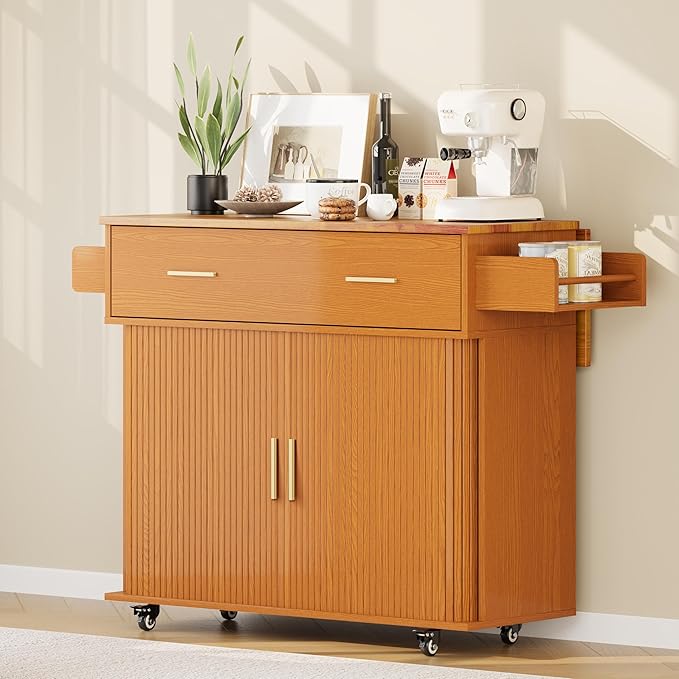 DHH Rolling Kitchen Island with Drop Leaf Countertop&Ample Storage - 39.4" Small Mobile Kitchen Cart On Wheels with Sliding Door,Drawers,Spice Rack & 2-Tier Storage (Yellow Walnut)