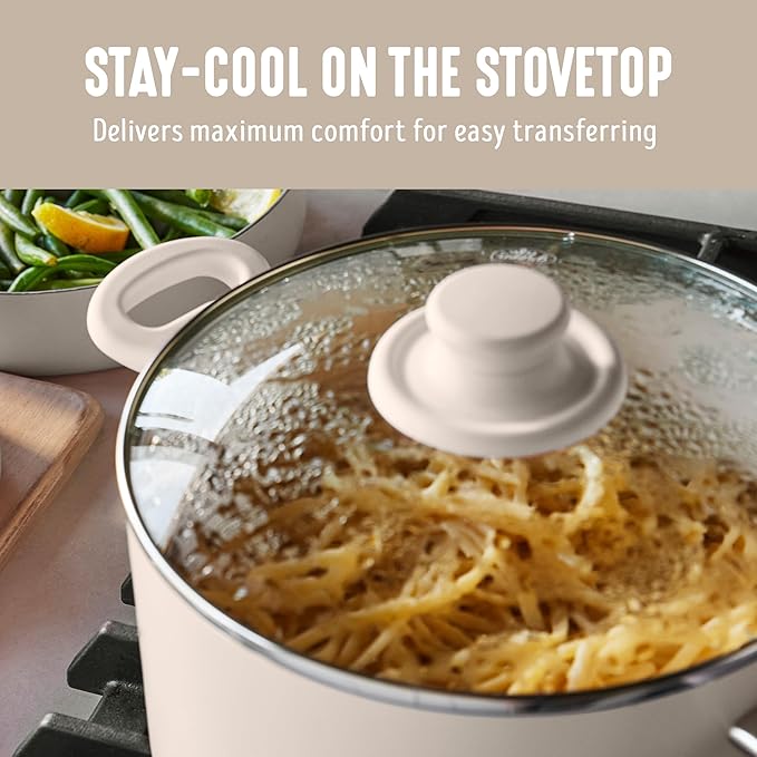 GreenLife 6QT Ceramic Nonstick Stockpot with Glass Straining Lid, PFAS-Free, Dishwasher Safe, Stay-Cool Handles, Oven Safe to 350째F, Wobble-Free Base, Even Heating, Taupe
