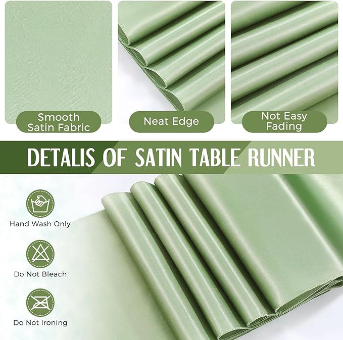 Tudomro 16 Pcs White and Sage Green Disposable Plastic Tablecloths and Satin Table Runner Set 54x108 Inch Tablecloth 12x108 Inch Table Runners for New Year Wedding Birthday Baby Shower Graduation