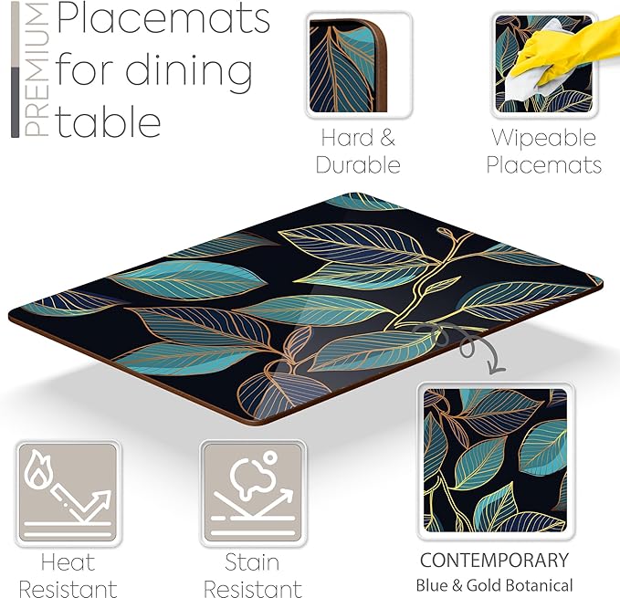 Moderry Set of 4 Heat Resistant Cork Placemats for Dining Table with Free Set of 4 Matching Drink Coasters Sage Green Marble Design 16 x 12 Inches Cork Backed Hard Placemats (Blue Gold Botanical)