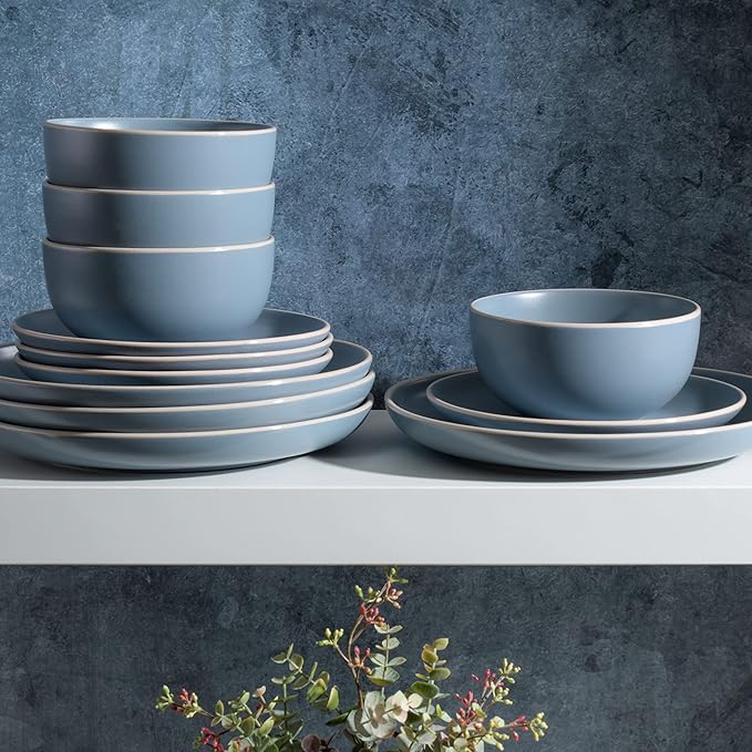 Gibson Home Rockaway 12-Piece Round Stoneware Dinnerware Set, Service for 4 ??Blue Plates and Bowls, Microwave & Dishwasher Safe
