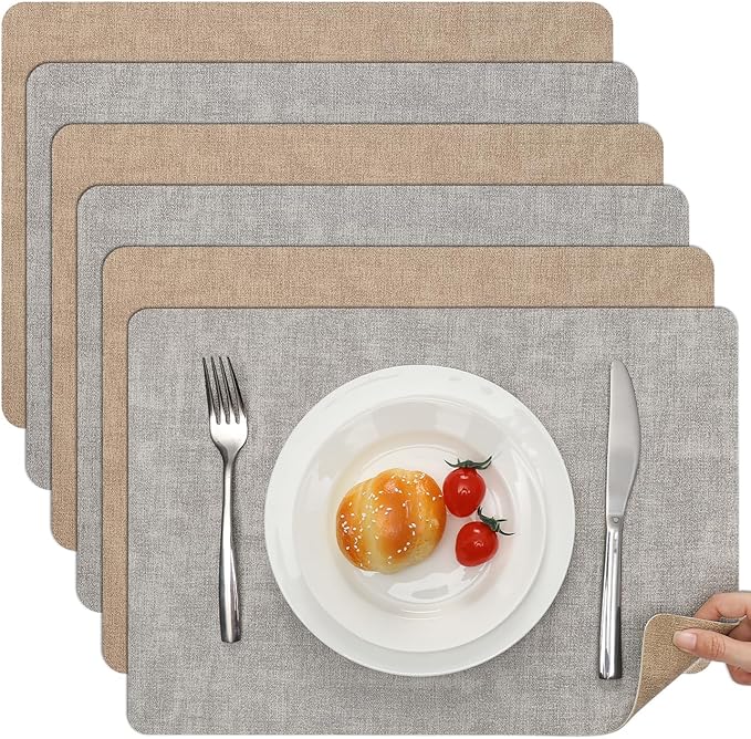 Myir JUN Reversible Vinyl Placemats Set of 6, Faux Leather Place Mats Dual Sided Waterproof Oilproof Wipeable, Heat-Resistant Table Mats for Kitchen Dining Indoor Outdoor (12" x 17", Light Gray Beige)