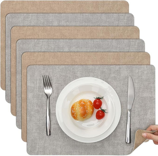 Myir JUN Reversible Vinyl Placemats Set of 6, Faux Leather Place Mats Dual Sided Waterproof Oilproof Wipeable, Heat-Resistant Table Mats for Kitchen Dining Indoor Outdoor (12" x 17", Light Gray Beige)