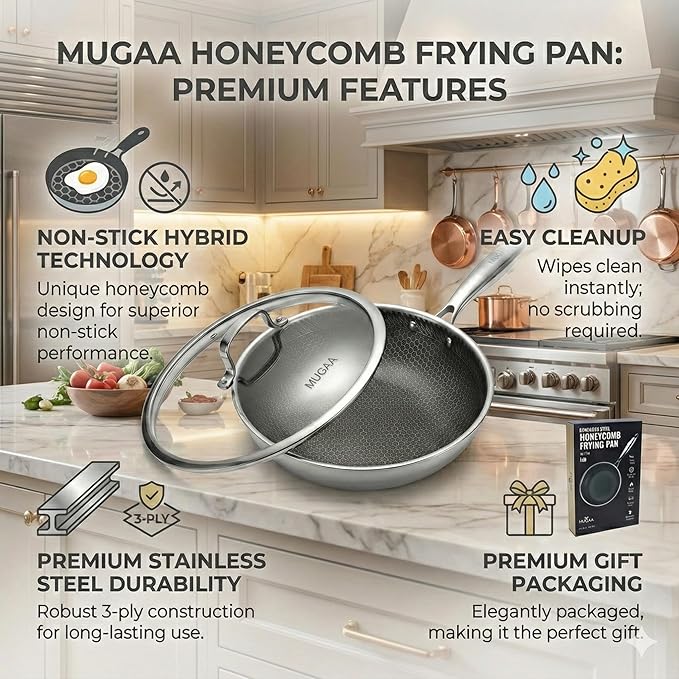 10??Non-Stick Stainless Steel Frying Pan with Lid | Honeycomb Hybrid Skillet for Induction, Gas & Electric Stovetops | Oven Safe, Dishwasher Safe | Premium Gift Packaging