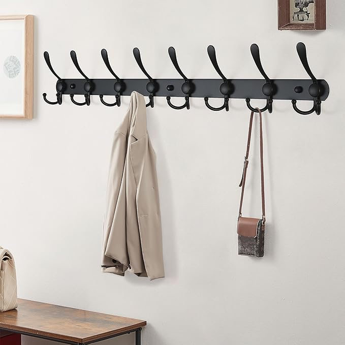 Dseap Coat Rack Wall Mount - 29.5??Long 8-Tri-Hooks Heavy Duty Coat Hanger Rail Wall Hooks for Hanging Coats Hats Clothing Clothes Purse Mudroom Entryway, Black