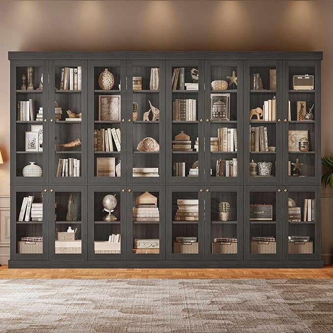 70.8" Bookshelf with Glass Doors, Farmhouse Modular Bookcase with 6-Tier Adjustable Shelves, Large Storage Cabinet for Living Room & Home Office, Set of 2, Black