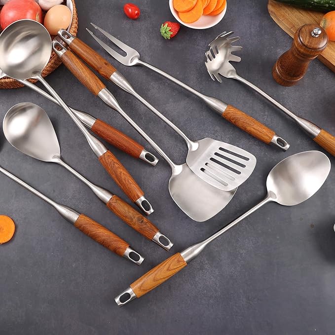 18/10 Stainless Steel Kitchen Utensils Set with Wood Handle - 15??Long Metal Cooking Tools - Serving Solid/Slotted Spoon, Tunner, Skimmer, Soup Ladle, Spaghetti Spoon, Large Spoons Set of 6