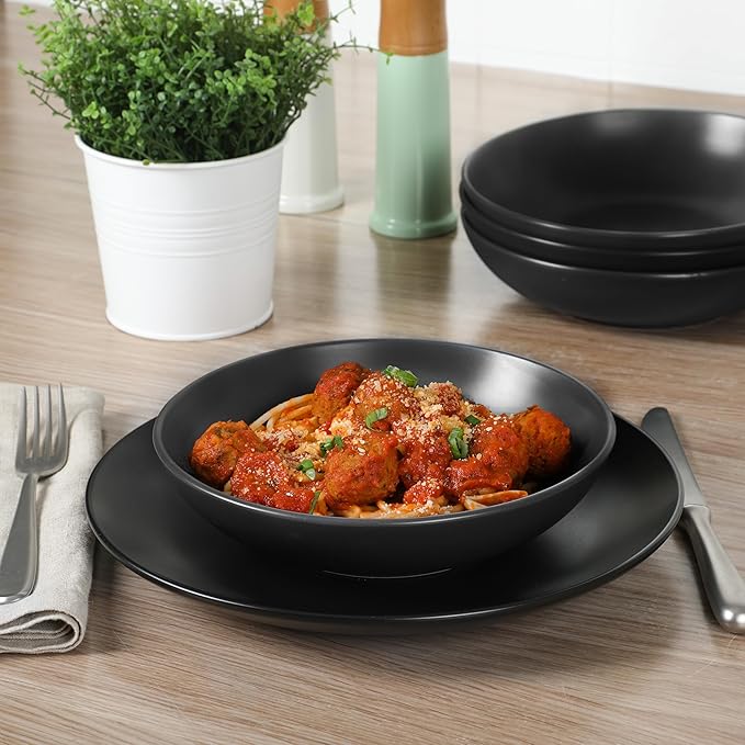 Gibson Home Queenslane 16-Piece Matte Black Stoneware Dinnerware Set ??Double Bowl Plates and Bowls, Durable Kitchen Dinner Set