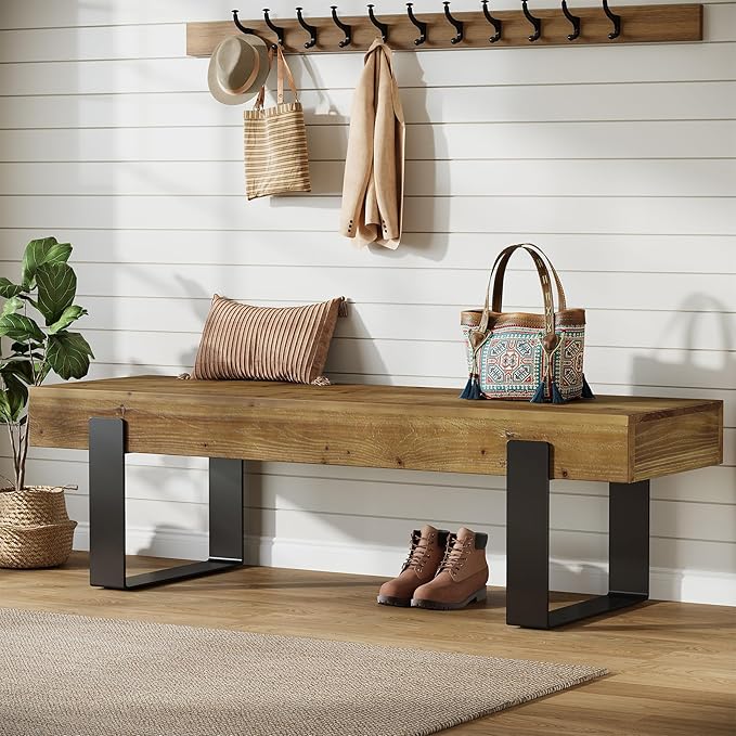 TRIBEWOOD Solid Wooden Entryway Bench, 63" Farmhouse Indoor Shoe Bench with Metal Legs, Industrial Long End of Bed Stool with Seating for Entry, Hallway, Porch, Living Room, Mudroom, Easy Assembly