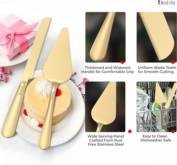 Elegant Gold Cake Knife and Server Set, Extra Thick Stainless Steel Cake Cutter and Cake Server with Bonus Forks & White Bows, Cake Cutting Set for Wedding, Birthday and Christmas Celebrations
