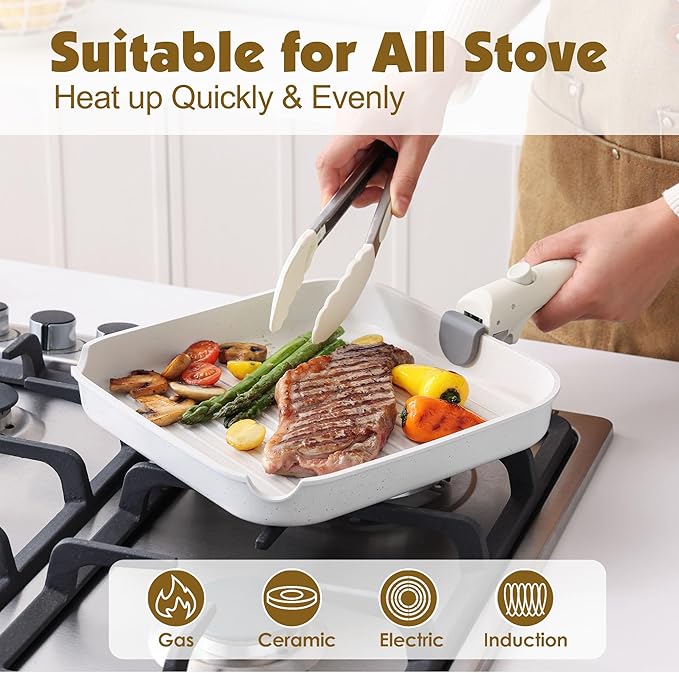 SENSARTE 17 Piece Pots and Pans Set, Nonstick Detachable Handle Cookware Set, Induction Kitchen Cookware Set with Removable Handle, Healthy Non Stick for RV, Dishwasher 竊?Oven Safe, PFOA Free (White)