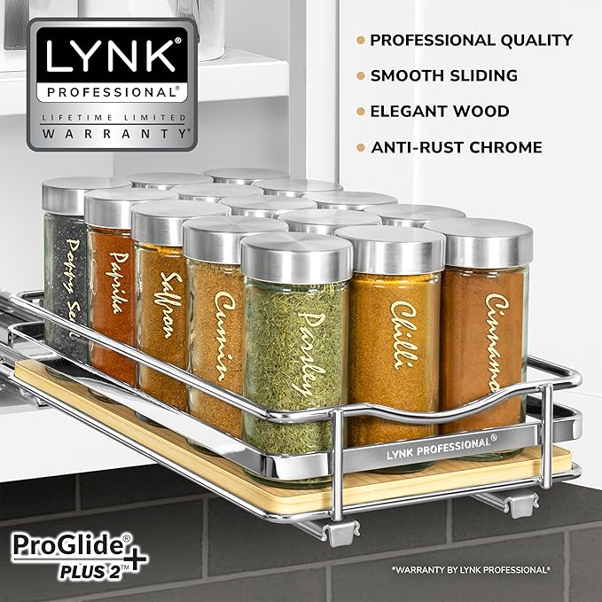 LYNK PROFESSIONAL짰 횋lite??Pull Out Spice Rack Organizer for Inside Kitchen Cabinets - 6-3/8 inch Wide - Slide Out Drawer ??Wood/Chrome Sliding Spice Cabinet Organization Shelf Racks - 1 Tier