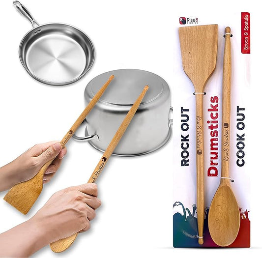 Drumstick Kitchen Utensils (2-Pc Set) - Beechwood Wooden Spoons, Drumstick Cooking Utensil Set, Funny Kitchen Gadgets, Unique Gifts for Drummers, Musicians, Men, Women