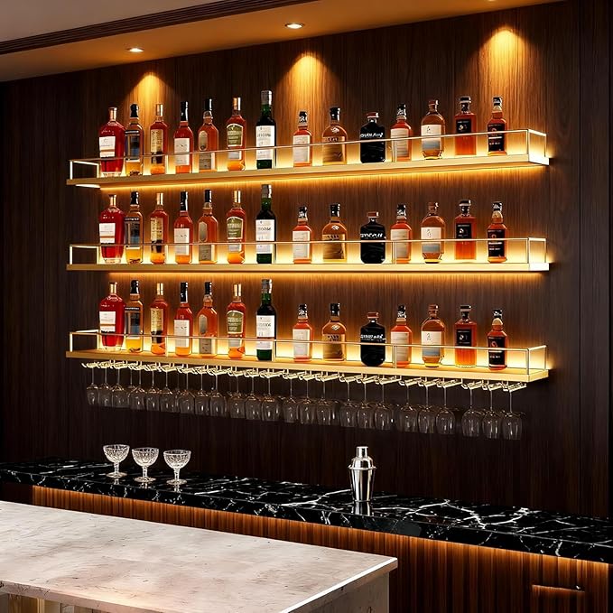 Metal Wall Mounted Wine Rack with LED Light, 3 Tiers Liquor Bottles Floating Shelves with Glass Holder, Wine Shelf Industrial Bar Shelves for Home Bar Dining(Gold, 100cm/39.3in)