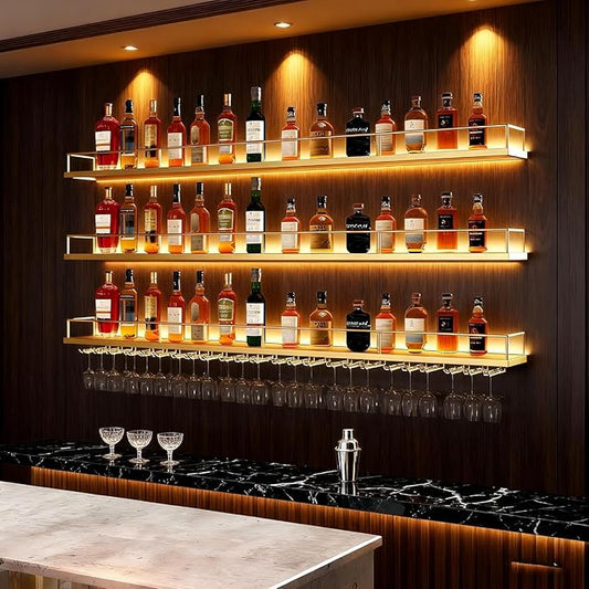 Metal Wall Mounted Wine Rack with LED Light, 3 Tiers Liquor Bottles Floating Shelves with Glass Holder, Wine Shelf Industrial Bar Shelves for Home Bar Dining (Gold, 200cm/78.7in)