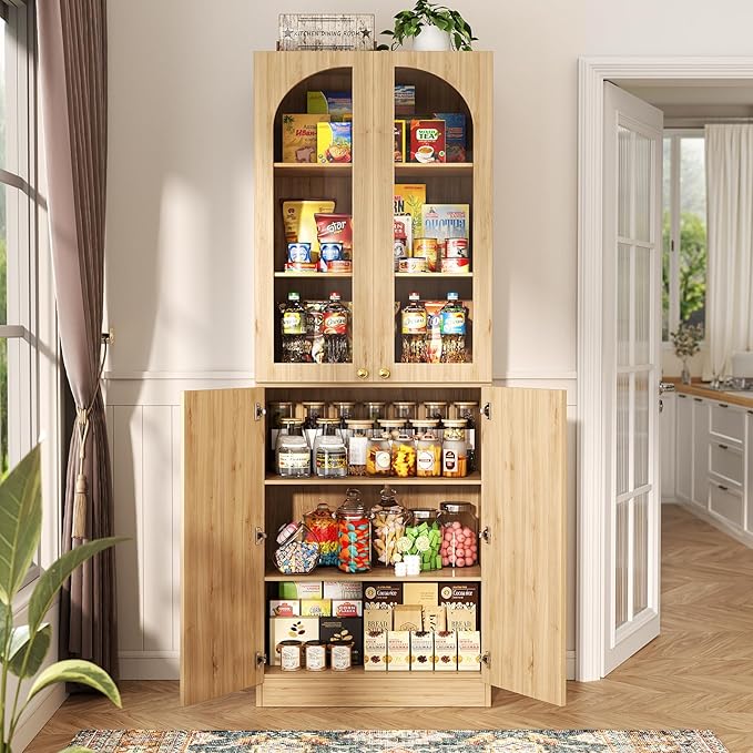 Cyclysio 80" Kitchen Pantry Cabinet, Tall Arch Storage Cabinet with Glass Doors, Freestanding Wood Floor Cupboard Bookcase with Seamless Fit Wall for Dining Room, Living Room, Bathroom (Natural)