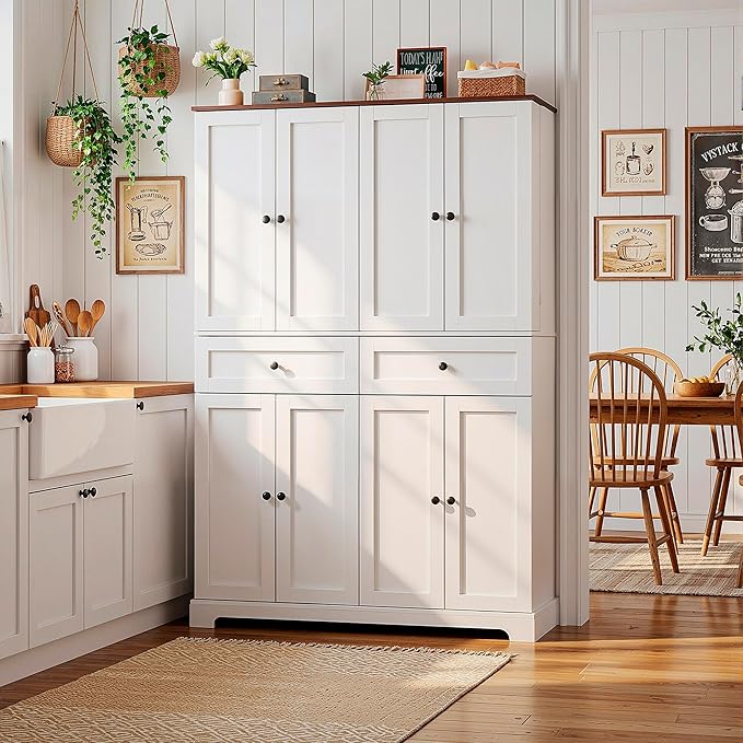 71" Kitchen Pantry Cabinet with 6 Door Shelves, Tall Pantry Storage Cabinet with 8 Doors & 4 Adjustable Shelves, Modern Kitchen Pantry with 2 Large Drawers for Dining Room, Living Room, White